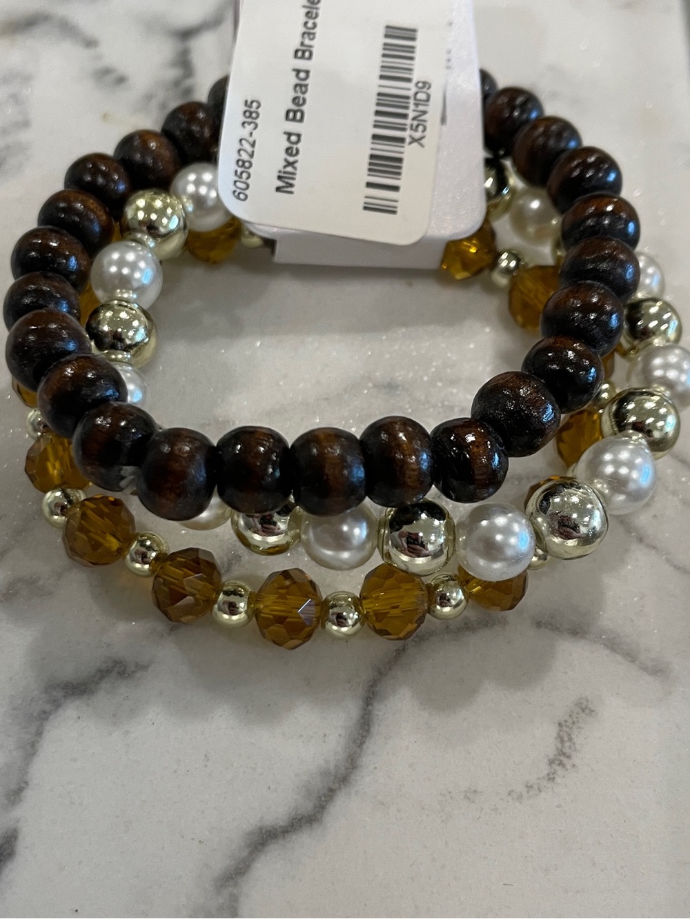 Boho Wood Bead Bracelet Stack Faux Pearl Gold Crystal Stretch 3 piece Set earthy